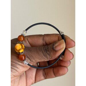 Handmade Amber Bracelet Glass Beads Crystal Accent Silver Tone Spacers Ajustable